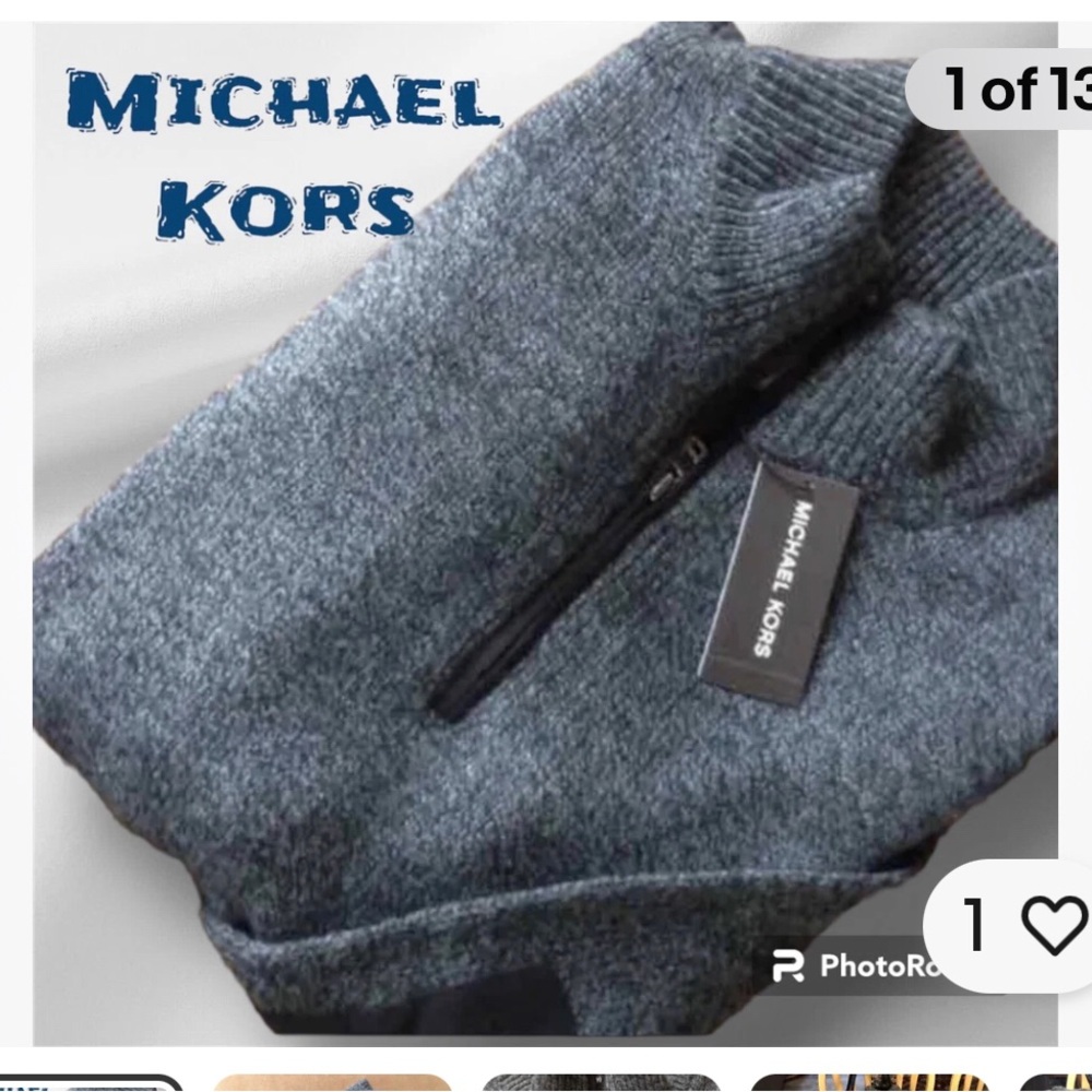 Michael Kors Men's Sweater Gray Wool Blend patch elbows large 1/4 zip pull over